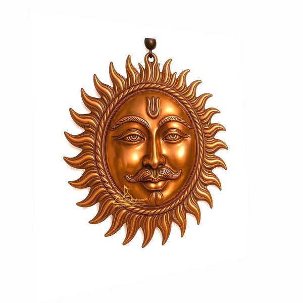 Copper wall hanging sun face sculpture with detailed eyes and halo rays