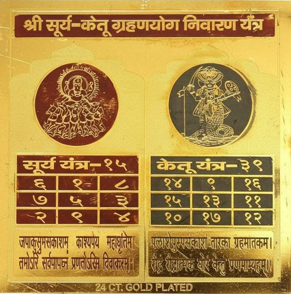 Gold plated yantra plaque closeup with two medallion circles and numeric panels