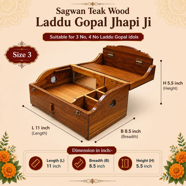 Sagwan Wooden Jhapi Ji for Laddu Gopal | Premium Teak Wood Storage Box for Bal Gopal Idol, Safe Keeping, Temple & Travel Use | Achleshwar