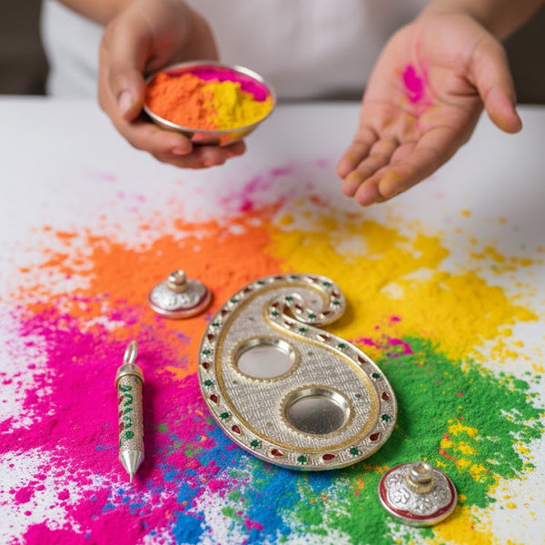 Laddu Gopal Pichkari Bowl Combo Set with Tray – Krishna Holi Decoration