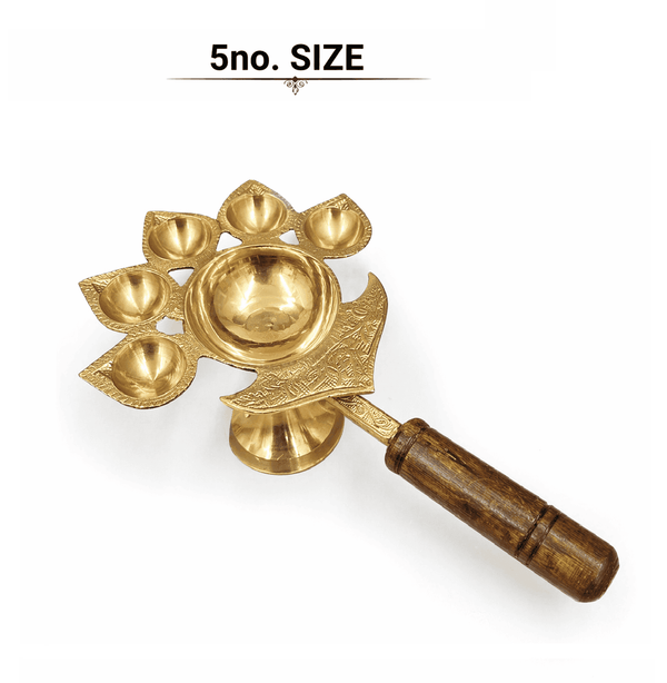 Brass five-face panch aarti diya with five small bowls and wooden handle